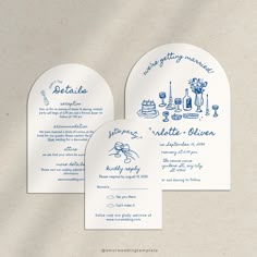 the wedding stationery is designed to look like it has been made with blue ink