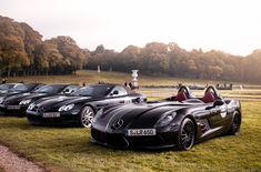 four black sports cars parked on the grass