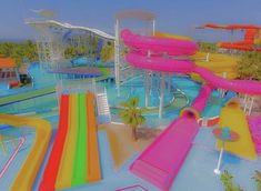 the water park is filled with colorful slides