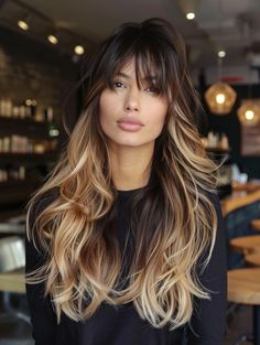 Long Ombre Hair with Textured Bangs: A Chic and Modern Look Ombré With Bangs, Edgy Brunette Hair, Oval Face With Bangs, Money Bangs, Blonde Bangs With Brown Hair, Money Piece With Bangs, Money Piece Hair With Bangs, Money Piece Bangs, Bangs With Highlights