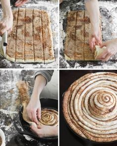 four pictures showing how to make cinnamon rolls in the oven and then place them on top of each other