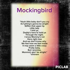 a black and white photo with the words mockingbird written in purple on it's side