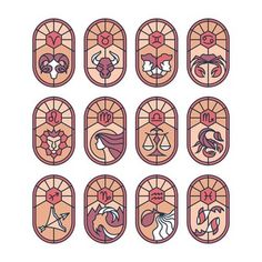 twelve stained glass windows with zodiac symbols