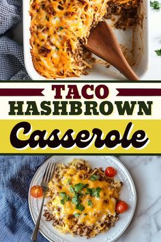 this taco hashbrown casserole is loaded with ground beef and cheese