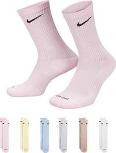 The Nike Everyday Plus Cushioned Socks bring comfort to your workout with extra cushioning under the heel and forefoot and a snug, supportive arch band. Sweat-wicking power and breathability up top help keep your feet dry and cool to help push you through that extra set. Fit & Design Cushioning under the forefoot and heel helps soften the impact of your workout Dri-FIT technology helps your feet stay dry and comfortable Band around the arch feels snug and supportive Breathable knit pattern on to Pastel Nike Socks, Cute Nike Socks, Colored Nike Socks, Jordan Socks, Dri Fit Socks, Nike Crew Socks, Nike Socks, Cute Nikes, Pink Nikes