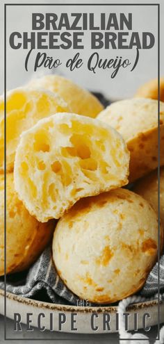 some bread is sitting on a plate with the words brazilian cheese bread pro de quejo