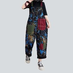 Reinvent your mode with our Year-2000-inspired women's denim jumpsuit from the 2023 Autumn Collection! Here's why you'll absolutely love it:Why You'll Fall In Love Y2K Vibe: Embrace the couture of the y2k with this denim jumpsuit. a traditional expression of youthful exuberance. Painted Prints: Intricately painted prints on the jumpsuit add a touch of unconventional allure. elevating your look to the next level. Loose and Lively: Its free silhouette guarantees unparalleled comfort. allowing you Black Cotton Baggy Overalls, Black Baggy Cotton Overalls, Black Cotton Overalls Jeans, Spring Black Overalls With Pockets, Black Spring Overalls With Pockets, Casual Patchwork Jumpsuits And Rompers For Fall, Black Denim Jumpsuit With Pockets For Fall, Black Cotton Overalls, Trendy Cotton Overalls With Side Pockets