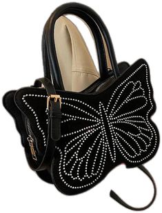 Chic Black Embellished Bags, Chic Black Embellished Shoulder Bag, Trendy Black Embellished Shoulder Bag, Trendy Embellished Black Shoulder Bag, Evening Black Bags With Rhinestone Rivets, Black Embellished Handheld Shoulder Bag, Novelty Bags, Black Butterfly, Butterfly Design