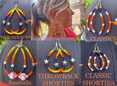 four different styles of beaded hoop earrings with stars and beads on each earring