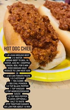 hot dog chili recipe on a yellow plate with the instructions for how to make it