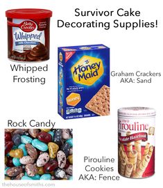 an image of some food items that are labeled in the following words, including cake decorating supplies