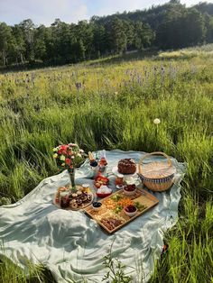 a picnic blanket with food on it in the middle of a grassy field and flowers