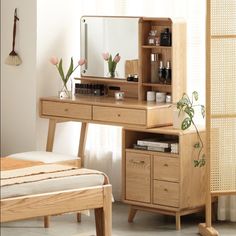 The telescopic drawer can be installed on the left or right, it can be used as a nightstand. Wood Vanity Makeup Desk, Dresser Ideas Bedroom, Small Wood Vanity Bedroom, Makeup Table Oak, Small Room Vanity, Small Wooden Vanity Bedroom, Teak Wood Dressing Table, Dressing Table Cabinet, Dressing Table Storage