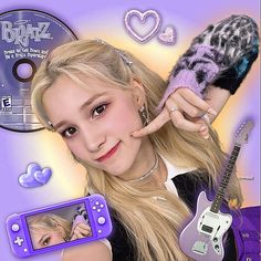 a girl with long blonde hair holding up a purple cell phone and guitar in front of her face