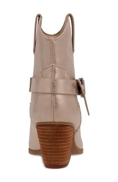 "Find MIA Clement Pointed Toe Western Boot on Editorialist. Side pull-tabs and a buckled ankle strap add Western-inspired elements to a trend-savvy boot balanced by a pointy toe and stacked block heel. 2 1/4\" heel 4 1/4\" shaft Pull-on style Contoured footbed Synthetic upper, lining and sole Imported" Western Boot, Western Boots, Block Heels, Ankle Strap, Luxury Fashion, Boots, Heels, Gold