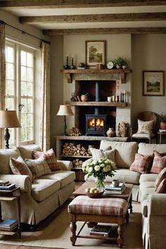 a living room filled with furniture and a fire place