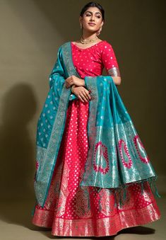 Hot Pink Woven Banarasi Silk Lehenga Choli Red Silk Lehenga, Bridal Lehenga Online, Indian Wedding Lehenga, Silk Sarees Online Shopping, Reception Lehenga, Lehenga Online, Lehenga Choli Online, Pink Lehenga, Red Lehenga