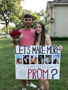 a man and woman holding a sign that says, let's make more memories prom?