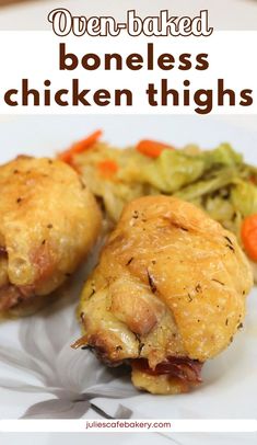 chicken thighs on a white plate with carrots and broccoli in the background