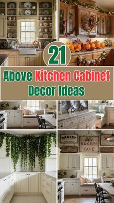 the kitchen cabinets are decorated in white and have green plants hanging from them, along with other