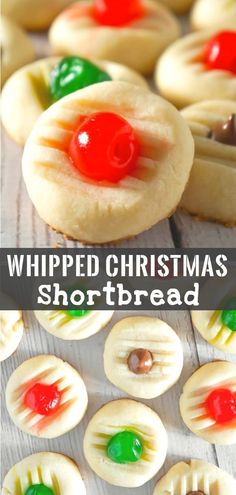 an image of christmas shortbread cookies with jelly on top and the words whipped christmas shortbread