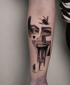 a man's arm with a tattoo on it and an image of a face