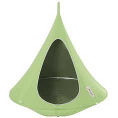 a green hanging chair that is shaped like a teary pod, with an opening at the top