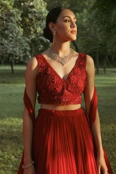 Shop for Seeaash Chiffon Embroidered Blouse Tiered Lehenga Set for Women Online at Aza Fashions Tiered Lehenga, Blouse Back, Red Chiffon, Beaded Neckline, V Neck Blouse, Embroidered Blouse, Set For Women, Aza Fashion, Beaded Embroidery