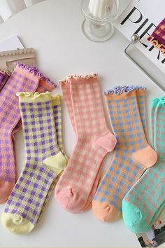 pastel aesthetic plaid pattern ruffle socks, pastel socks, cute socks, boogzel clothing Candy Fairy, Mid Length Socks, Rose Powder, Ripped Jeans Style, Ripped Jeans Women, Mom Pants, Plaid Material