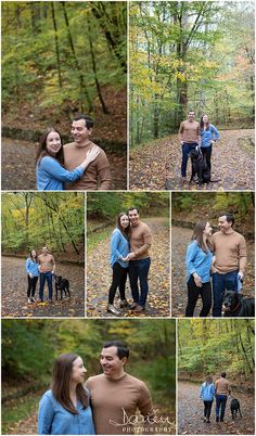 a man and woman holding each other in the woods with their dog on a fall day