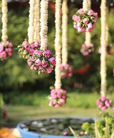 pink flowers hanging from the ceiling in a garden