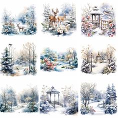 six different pictures of winter scenes with trees and animals in the foreground, on white background