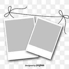 two white polaroid frames hanging on a string with a bow clipart png