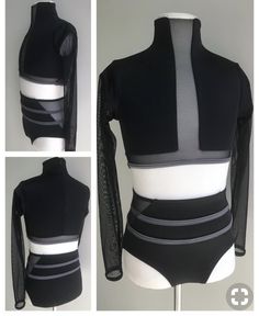 the back of a woman's black and white bodysuit with sheer panels on it