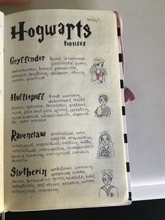 an open harry potter book with drawings on the pages and characters drawn in it's own hand