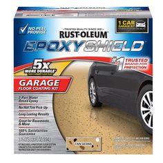 Environmentally friendly and easy-to-use. Its water-based, low odor, nontoxic formulation creates great looking, long-lasting floors. The formula is engineered to withstand the harsh elements common to most garage floors, new and old, and at the same time maintain a beautiful finish. The durable finish resists hot tire pick up and abrasions. Protects your floor from gasoline, antifreeze, brake fluid, motor oil, and salt. Kit includes 2-part epoxy floor mixture (1 gallon-part 1 and 1 quart-part 2), decorative, installation booklet, and stir stick. Covers approximately 250 Sq. Ft. on smooth surfaces or 125 to 200 Sq. Ft. on rough porous concrete. Recommended application with long handled roller with short nap cover. Available in Gray (with Blue-multi color skid resistant color chips) and Tan Epoxy Garage Floor Coating, Garage Epoxy, Concrete Garage, Garage Floor Paint, Garage Floor Coatings, Garage Floor Epoxy, Garage Kits, Color Chip, Rust Oleum