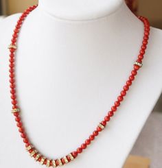 Red Coral Necklace With Rhinestone Spacers by SunMoonJewels, $39.95 Red Round Beads Stone Jewelry, Red Round Beaded Stone Jewelry, Red Jewelry With Round Beads And Stones, Elegant Red Beaded Necklaces With Stones, Elegant Red Beaded Necklace With Stones, Red Crystal Necklaces With Gemstone Beads For Gift, Red Beaded Spiritual Crystal Necklace, Adjustable Red Crystal Necklace With Gemstone Beads, Spiritual Red Coral Jewelry