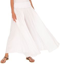 Get your comfort on with these wide leg palazzo pants. Flowy and free help bring out your bohemian side. Perfect for summer days because the material is lightweight and breathable. No heavy fabric here! Elastic waist and side pockets enhance the flowy pants. Easily dress up these pants with heels and a fun top or lounge around the house. Whatever you choose these pants will provide you comfort all day long. Wide and flowy pant legs Side pockets and elastic waistband Soft and lightweight material White Stretch Maxi Length Bottoms, Stretch Summer Bottoms With Wide Hem, Summer Pants With Elastic Waistband And Wide Hem, Beach Harem Pants With Stretch And Wide Leg, White Bohemian Bottoms With Elastic Waistband, Bohemian White Bottoms With Elastic Waistband, Stretch Maxi Length Bottoms For Beach, White Bohemian Wide Leg Pants With Elastic Waistband, Bohemian White Wide Leg Pants With Elastic Waistband