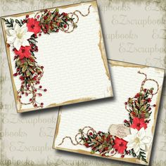 two christmas cards with poinsettis and holly on them, one is empty