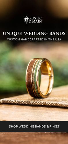 the unique wedding bands are made from wood and metal