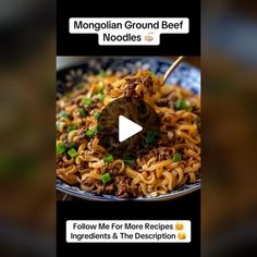 a plate of noodles with meat and green onions on it is featured in the video