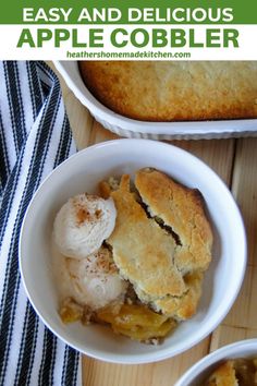 an apple cobbler in a white bowl with two servings next to it on a wooden table