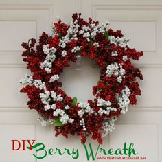 a red and white wreath hanging on the side of a door that says diy berry wreath