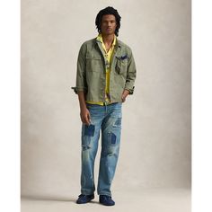 Polo’s take on a vintage-inspired silhouette features our longest rise a straight fit and our widest leg opening. This non-stretch pair is repaired with contrasting twill and chambray patches for a rugged timeworn look. Ralph Lauren Casual Jeans For Spring, Ralph Lauren Straight Leg Jeans For Spring, Men's Luxury Utility Cargo Jeans, Rugged Medium Wash Relaxed Fit Jeans, Rugged Relaxed Fit Faded Jeans, Rugged Standard Cut Denim Jeans, Vintage Faded Rigid Denim Jeans, Button Outfit, Flap Pocket