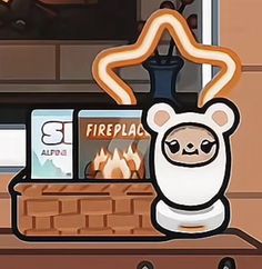 a cartoon bear sitting in front of a fire place