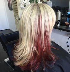 Hair With 2 Colors, Hair Dye Ideas Blonde And Red, Blonde On Top Dark Red Underneath, Red Hair Dye Underneath Blonde, Blonde With Different Color Highlights, White Hair With Red Streaks, Ways To Dye Your Hair Red, Blond With Red Hair