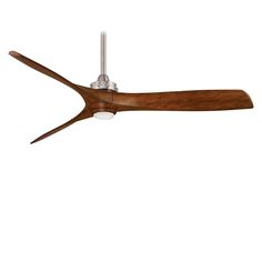 a ceiling fan with wooden blades on the top and metal blades at the bottom, against a white background