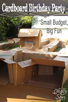 cardboard birthday party boxes are stacked on top of each other with the words small budget, big fun