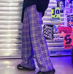 Aesthetic Pants, Pants Aesthetic, Checker Pants, Loose Fitting Pants, High Waist Wide Leg Pants, Casual Bottoms, Purple Plaid, Straight Trousers, Plaid Pants