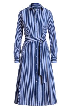 Stay true to the classics in this timeless shirtdress highlighted by bright stripes and framed with long sleeves that look great rolled up or completely down. 48" length (size 8) Spread collar Long sleeves with button cuffs Unlined 100% cotton Dry clean or machine wash, tumble dry Imported Long Sleeve Shirt Dress With Striped Collar For Work, Classic Workwear Dress With Striped Collar, Striped Long Sleeve Shirt Dress For Formal Occasions, Classic Knee-length Shirt Dress, Elegant Striped Shirt Dress For Daywear, Classic Striped Shirt Dress, Classic Striped Long Sleeve Shirt Dress, Classic Striped Button-up Shirt Dress, Striped Long Sleeve Shirt Dress For Daywear